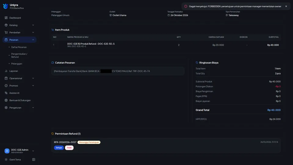Pemberitahuan merah Gagal menyetujui: FORBIDDEN: persetujuan untuk permintaan manager memerlukan owner pada detail pesanan