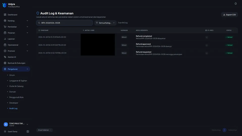 Audit Log untuk permintaan Owner: Refund requested, Refund approved, dan Refund completed; kolom aktor disamarkan