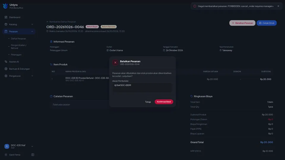 Dialog Batalkan Pesanan dengan pesan merah Gagal membatalkan pesanan FORBIDDEN setelah Staf mengonfirmasi