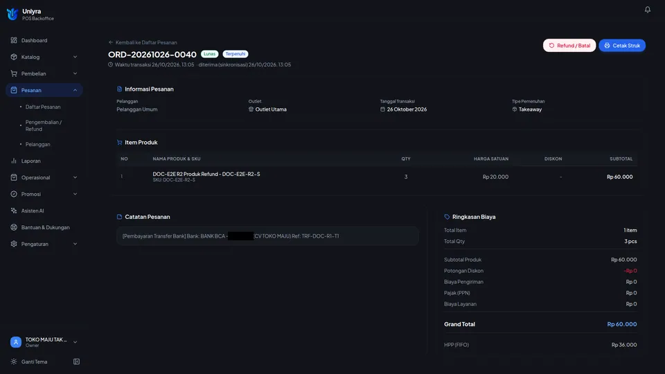 Detail pesanan transfer dengan Catatan Pesanan berisi Pembayaran Transfer Bank, nama bank, dan referensi; nomor rekening disamarkan
