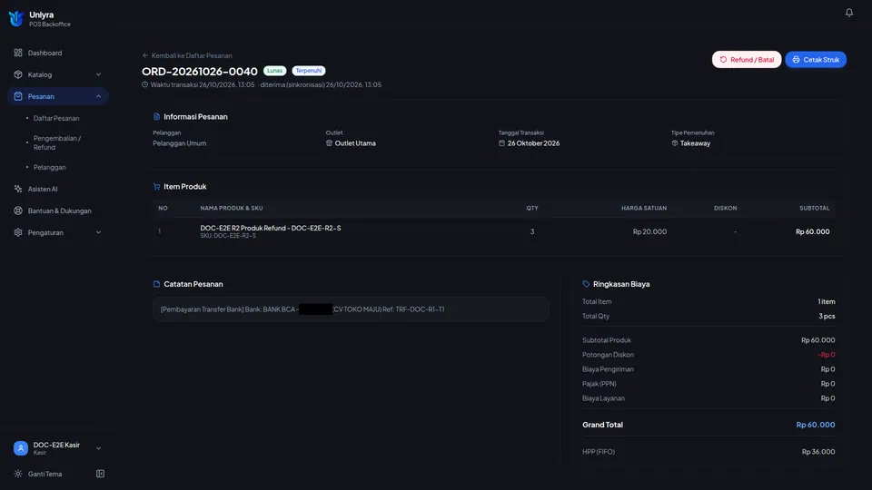 Detail pesanan Lunas dibuka oleh Kasir dengan tombol Refund / Batal dan Cetak Struk