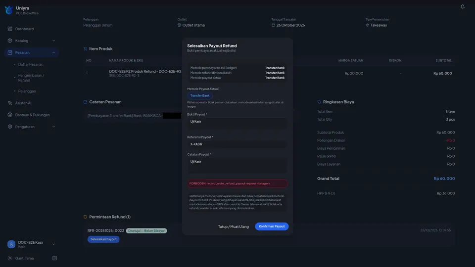 Dialog payout dengan pesan merah FORBIDDEN: record_order_refund_payout requires manager+