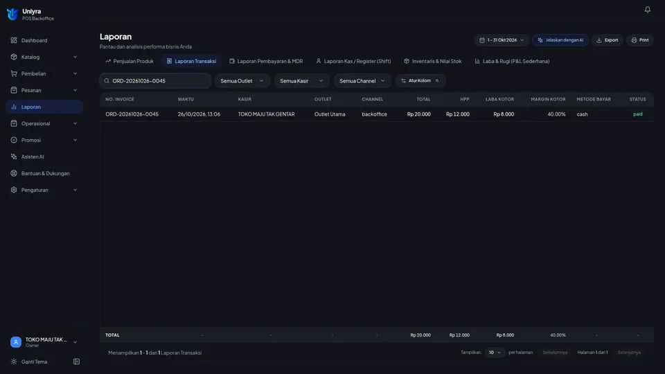 Laporan Transaksi dengan satu baris pesanan tunai berstatus paid