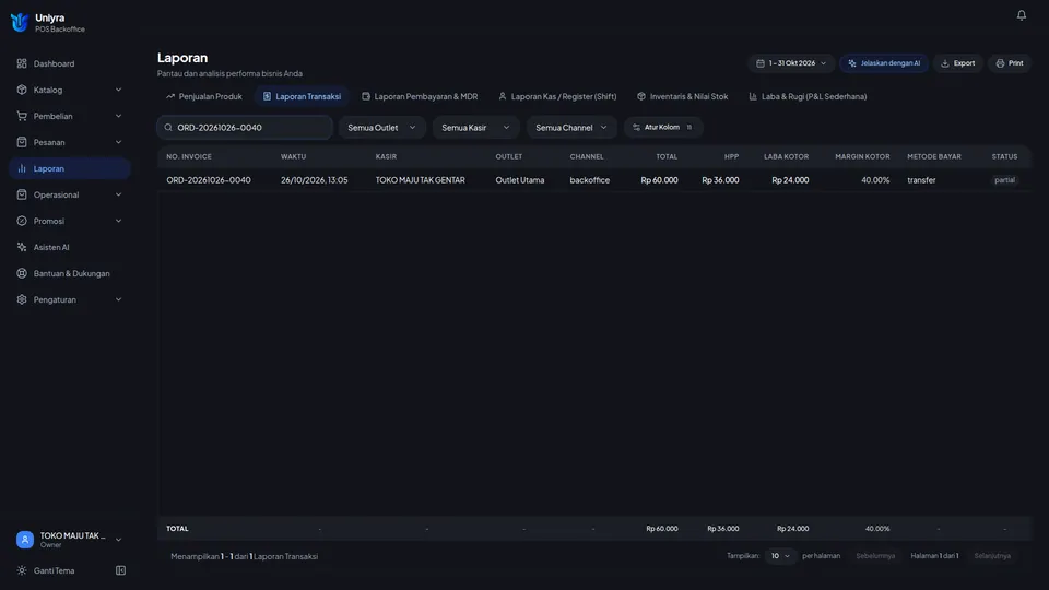 Laporan Transaksi dengan satu pesanan transfer berstatus partial