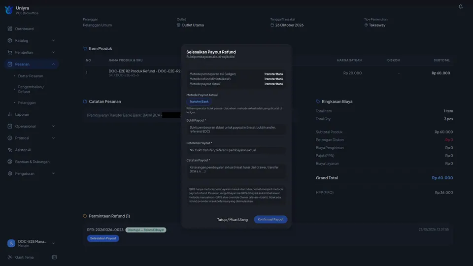 Dialog payout pesanan transfer: metode asli, diminta, dan aktual semuanya Transfer Bank