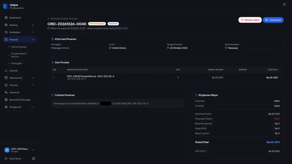 Detail pesanan berstatus Refund Sebagian dengan jumlah barang berkurang setelah payout dan halaman dimuat ulang