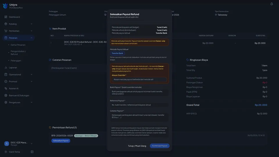Dialog payout pesanan tunai untuk Manajer dengan pesan Anda bukan Owner
