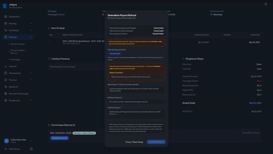 Dialog payout pesanan tunai dibuka Owner dengan kolom Alasan Override