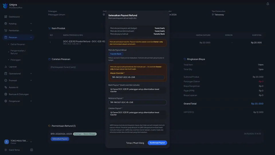 Dialog payout pesanan tunai yang diisi Owner termasuk Alasan Override