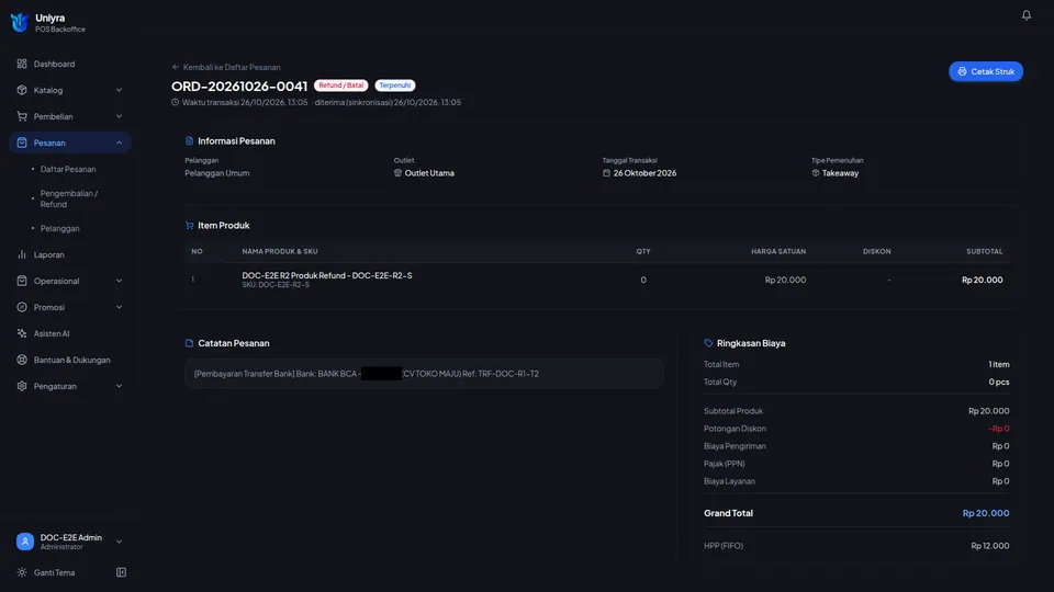 Detail pesanan berstatus Refund / Batal setelah refund penuh, tanpa tombol Refund / Batal