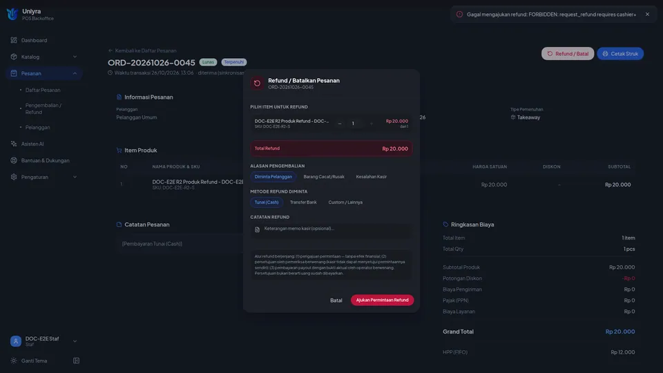 Pemberitahuan merah Gagal mengajukan refund: FORBIDDEN: request_refund requires cashier+ setelah Staf menekan Ajukan Permintaan Refund