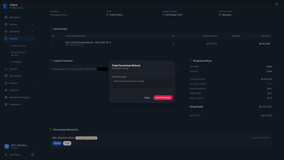 Dialog Tolak Permintaan Refund dengan kotak Alasan Penolakan, tombol Batal dan Tolak Permintaan