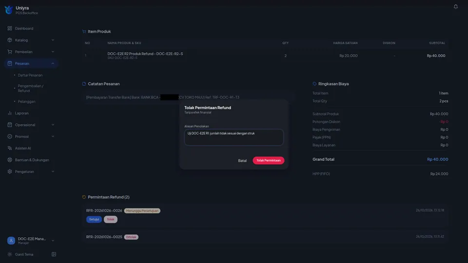 Dialog Tolak Permintaan Refund dengan alasan penolakan terisi